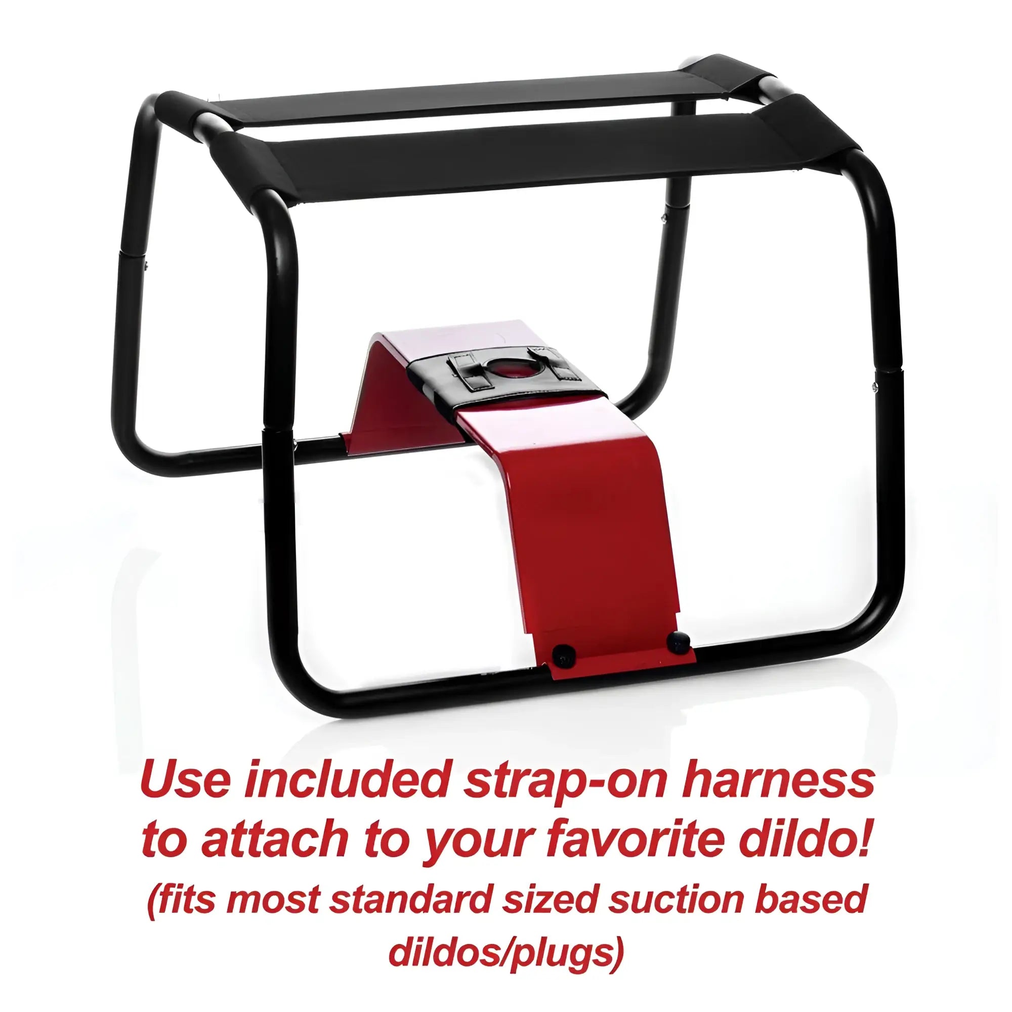 LoveBotz 4-in-1 Banging Bench features a black metal frame with a red attachment plate and black strap-on harness.