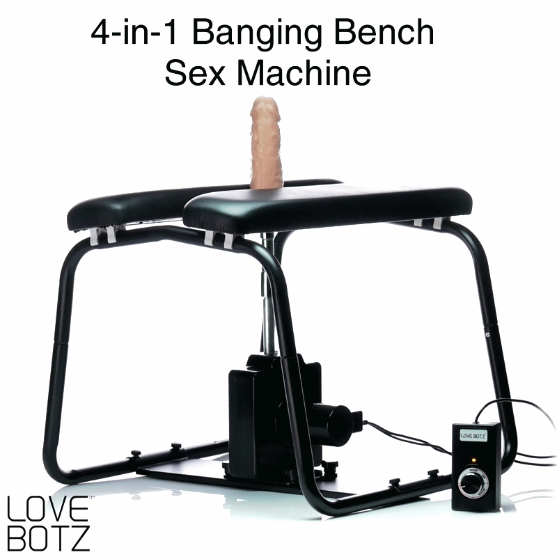 LoveBotz 4-in-1 black metal banging bench sex machine with cushioned seat, upright phallus, and speed controller.