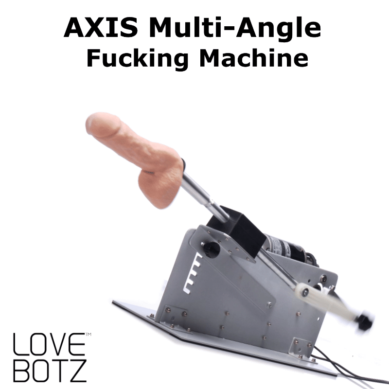 LoveBotz Axis machine: a motorized silver metal stand with an adjustable angle, featuring a realistic beige phallus.