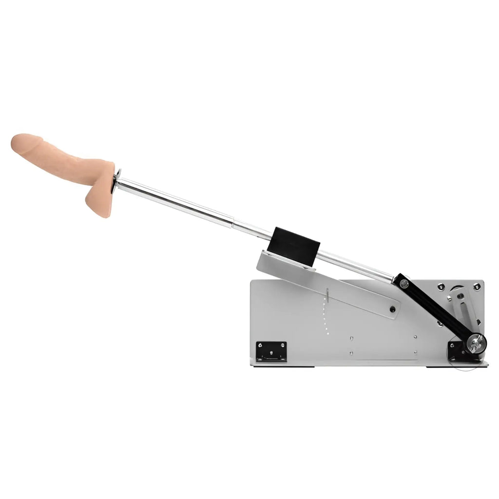 LoveBotz Axis machine: A grey mechanical base with an extendable silver arm and a realistic beige phallic attachment.
