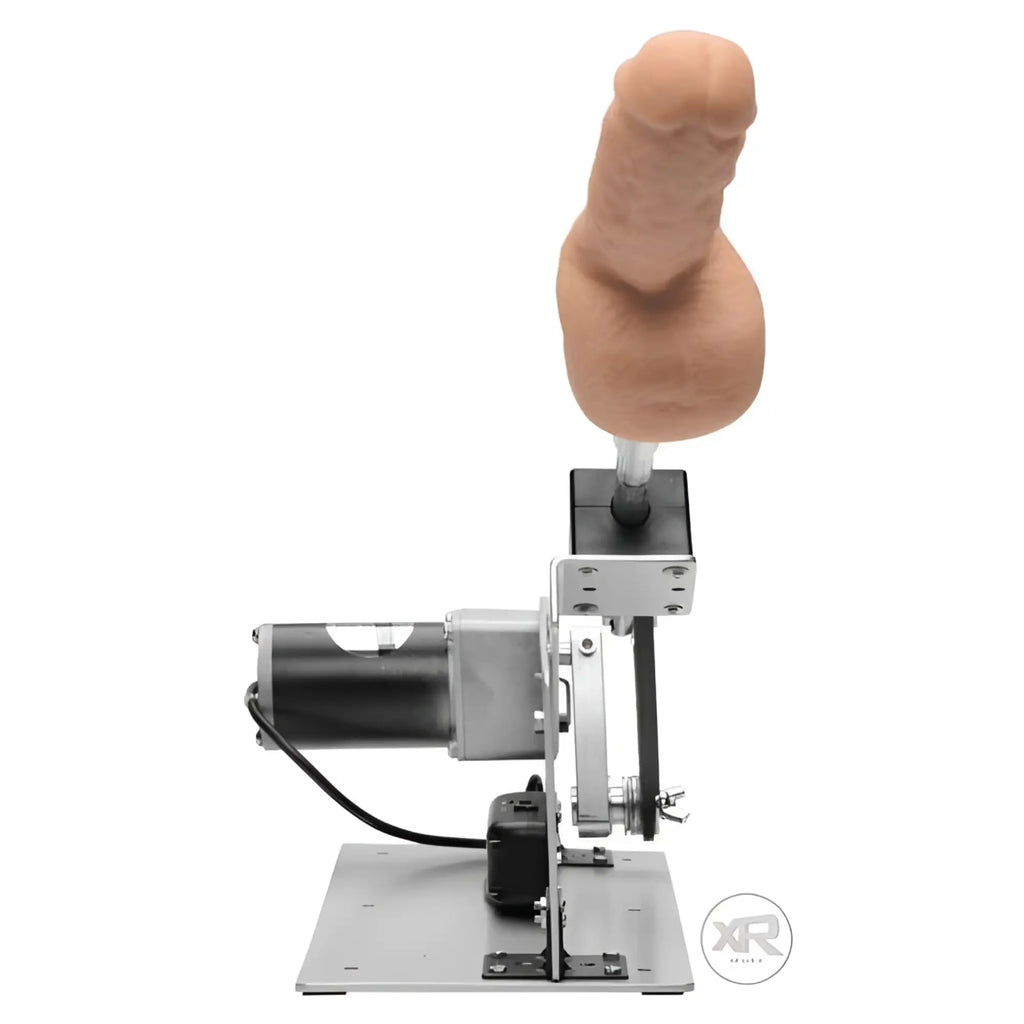 LoveBotz Axis Multi-Angle machine featuring a beige phallic attachment on a black and silver motorized metal base.