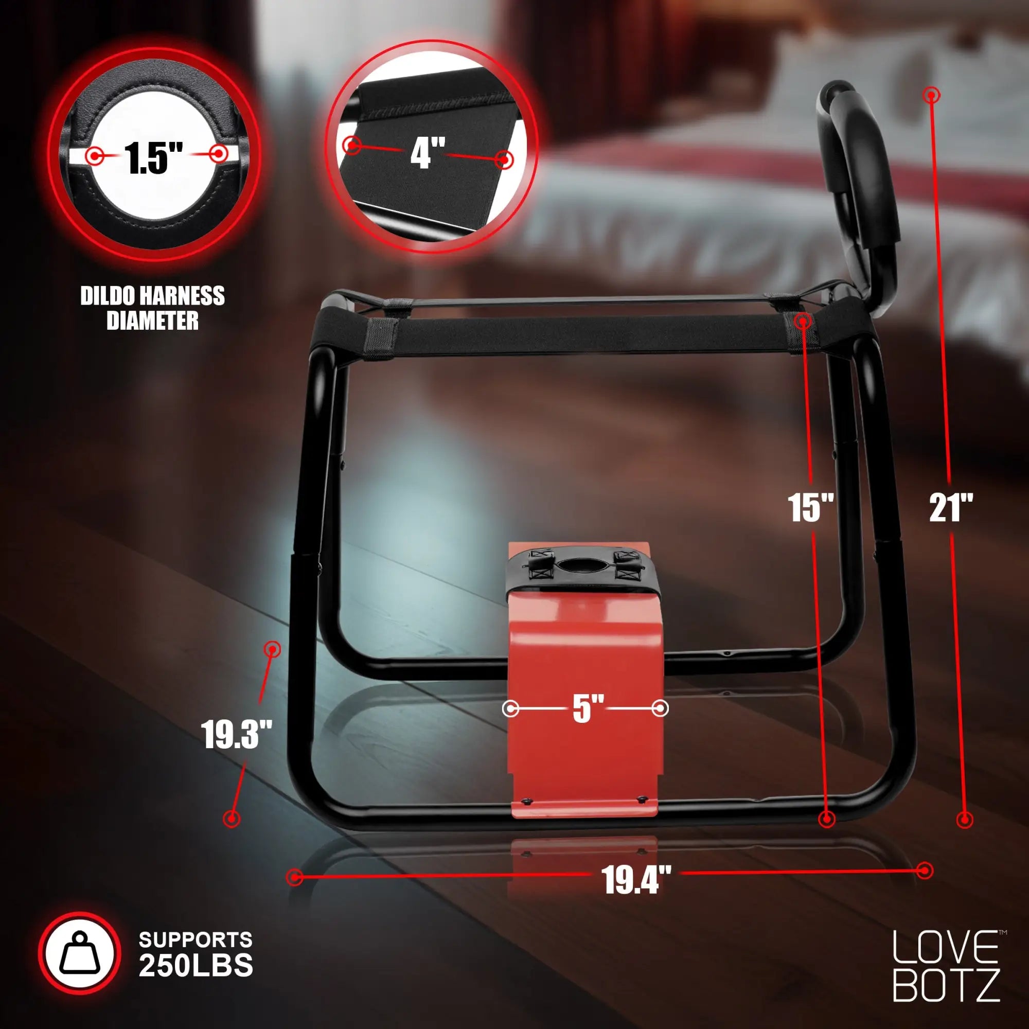 LoveBotz Bangin Bench EZ-Ride sex stool: black metal frame with handles, red base, and straps with dimension labels.