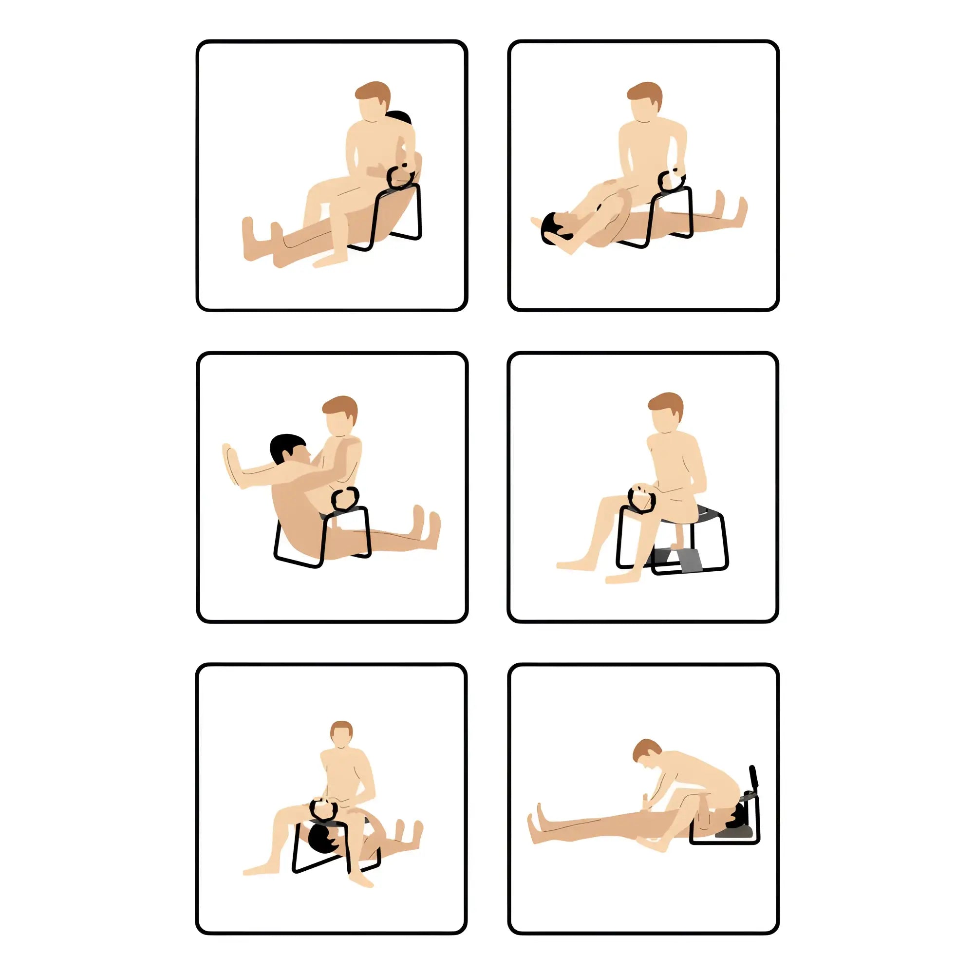 LoveBotz Bangin Bench EZ-Ride Sex Stool: six illustrations of couples using the black handled stool in various positions.