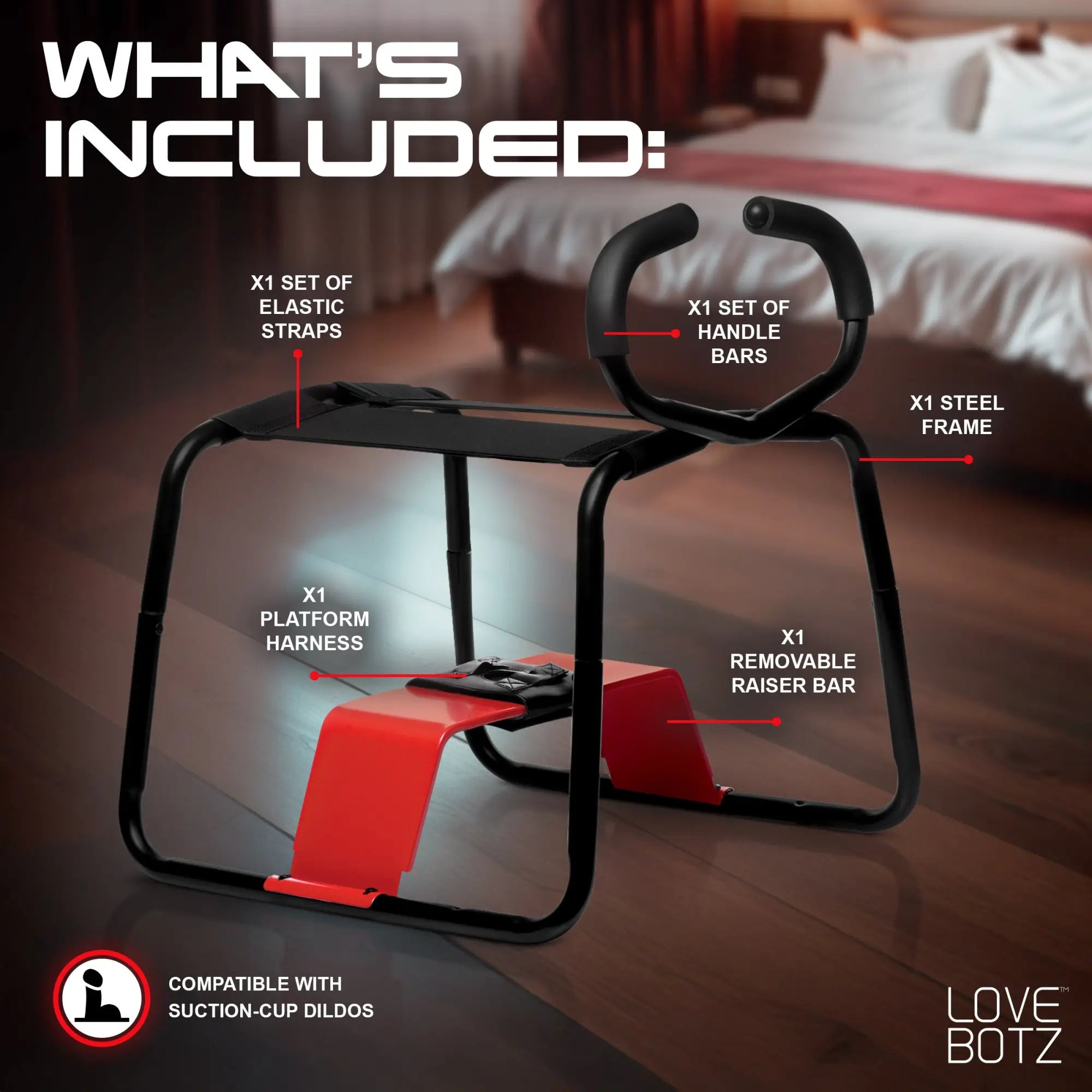 LoveBotz Bangin Bench EZ-Ride sex stool with black steel frame, red raiser bar, handles, and harness on wood floor.