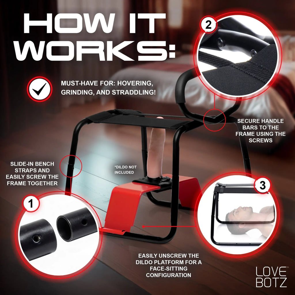 LoveBotz Bangin Bench EZ-Ride sex stool: black metal frame, red base, black handle bars, and instructional diagrams.