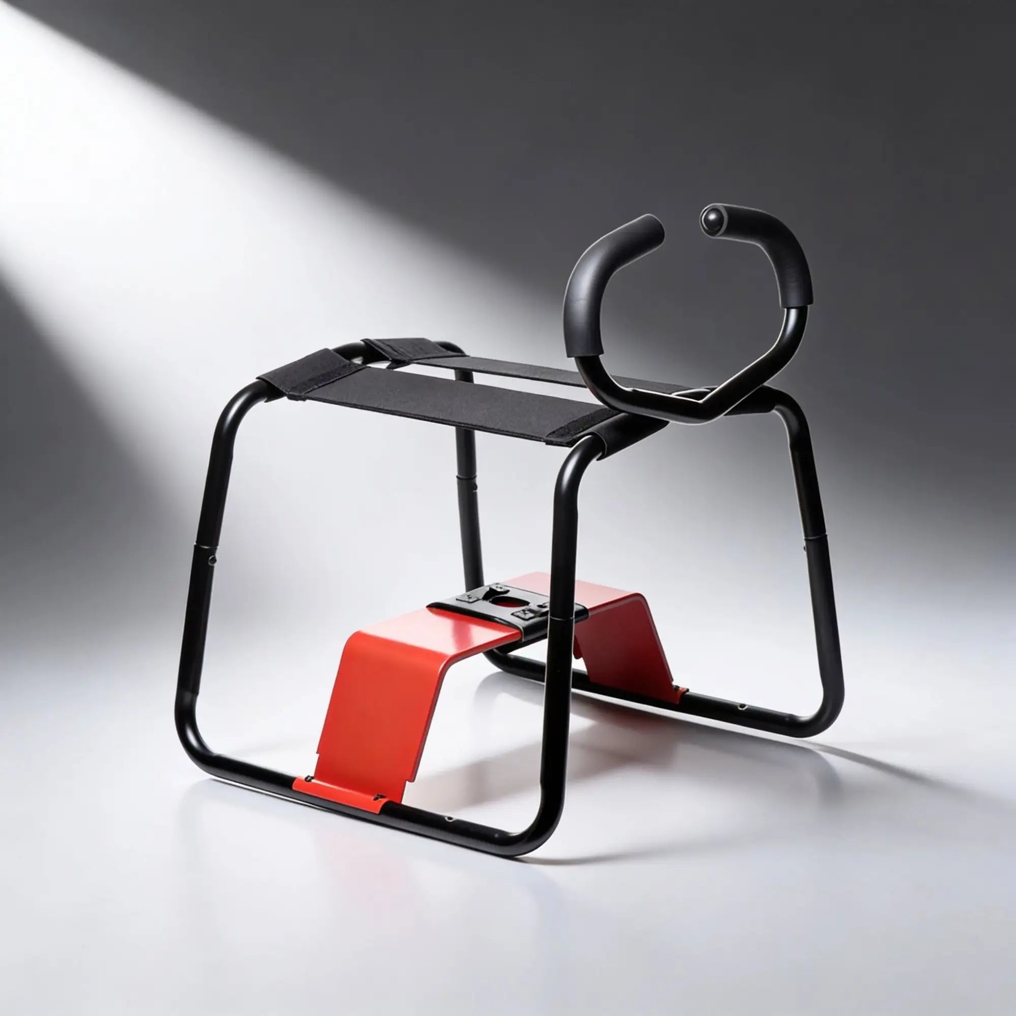 LoveBotz Bangin Bench EZ-Ride sex stool: black metal frame with fabric seat, support handles, and red base components.