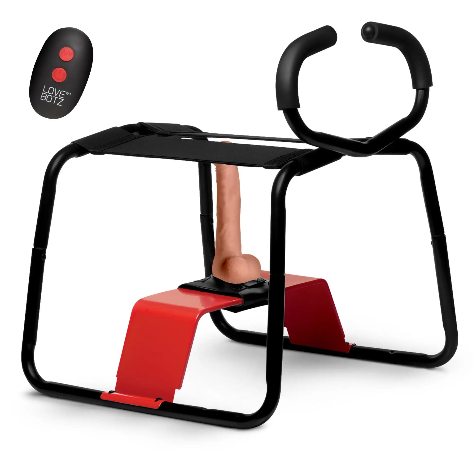 LoveBotz Bangin' Bench with black frame, red base, upright dildo, and a wireless remote.