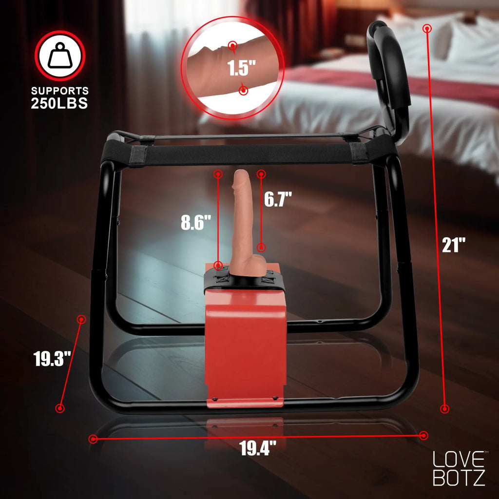 LoveBotz Bangin' Bench with a central skin-toned dildo, black frame, and red base, displaying product dimensions.