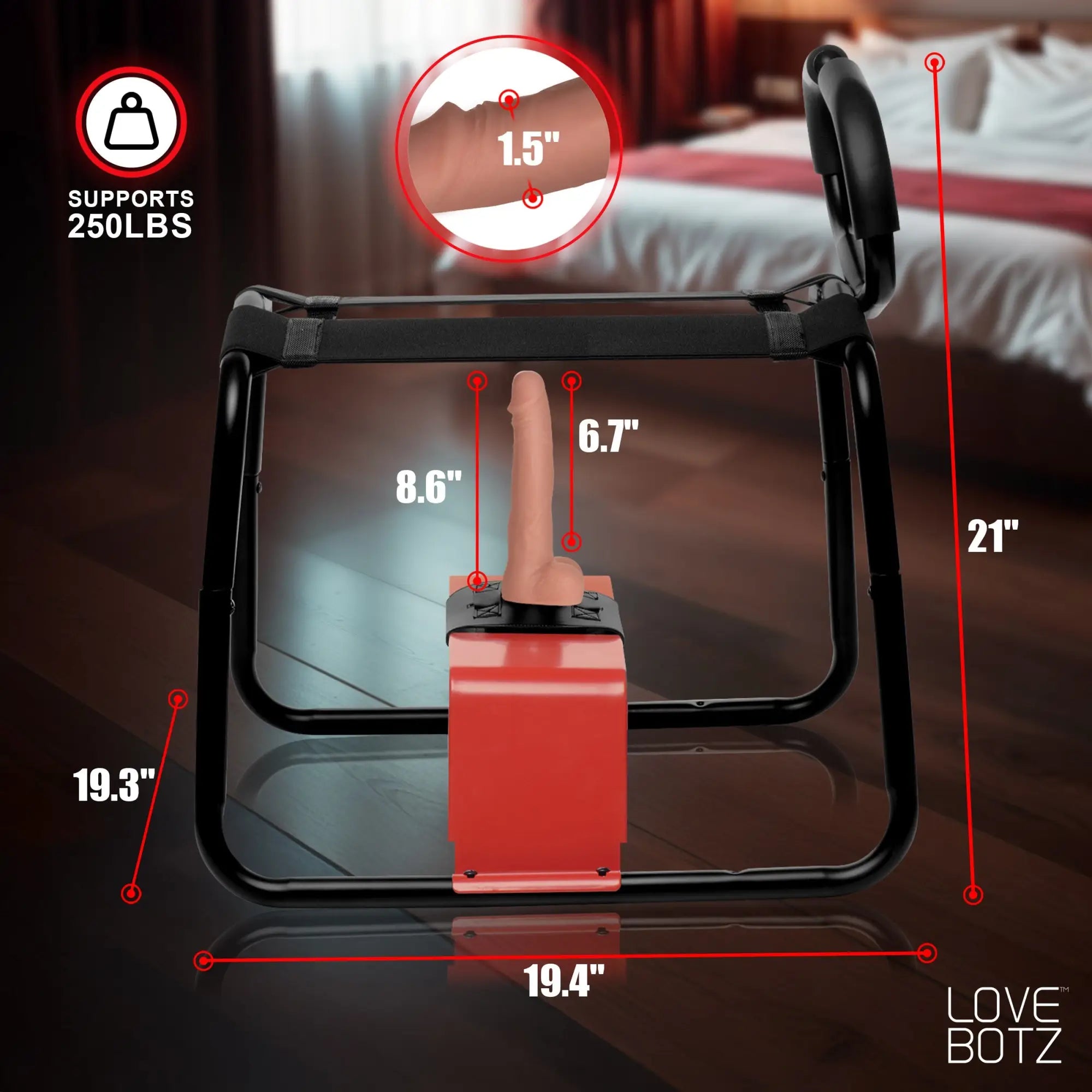 LoveBotz Bangin' Bench with a central skin-toned dildo, black frame, and red base, displaying product dimensions.