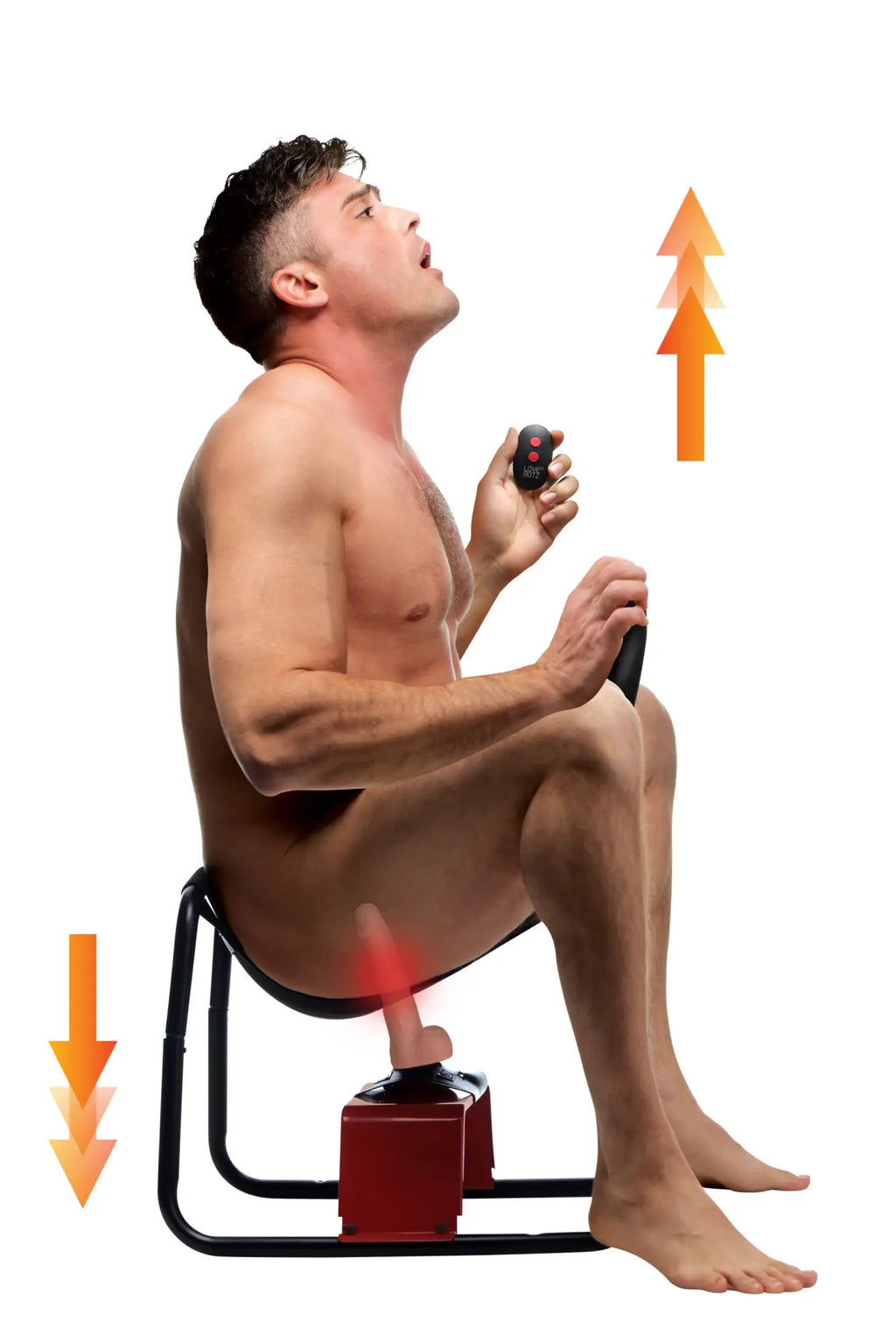 LoveBotz Bangin' Bench with a nude man using the thrusting and vibrating dildo controlled by a handheld remote.