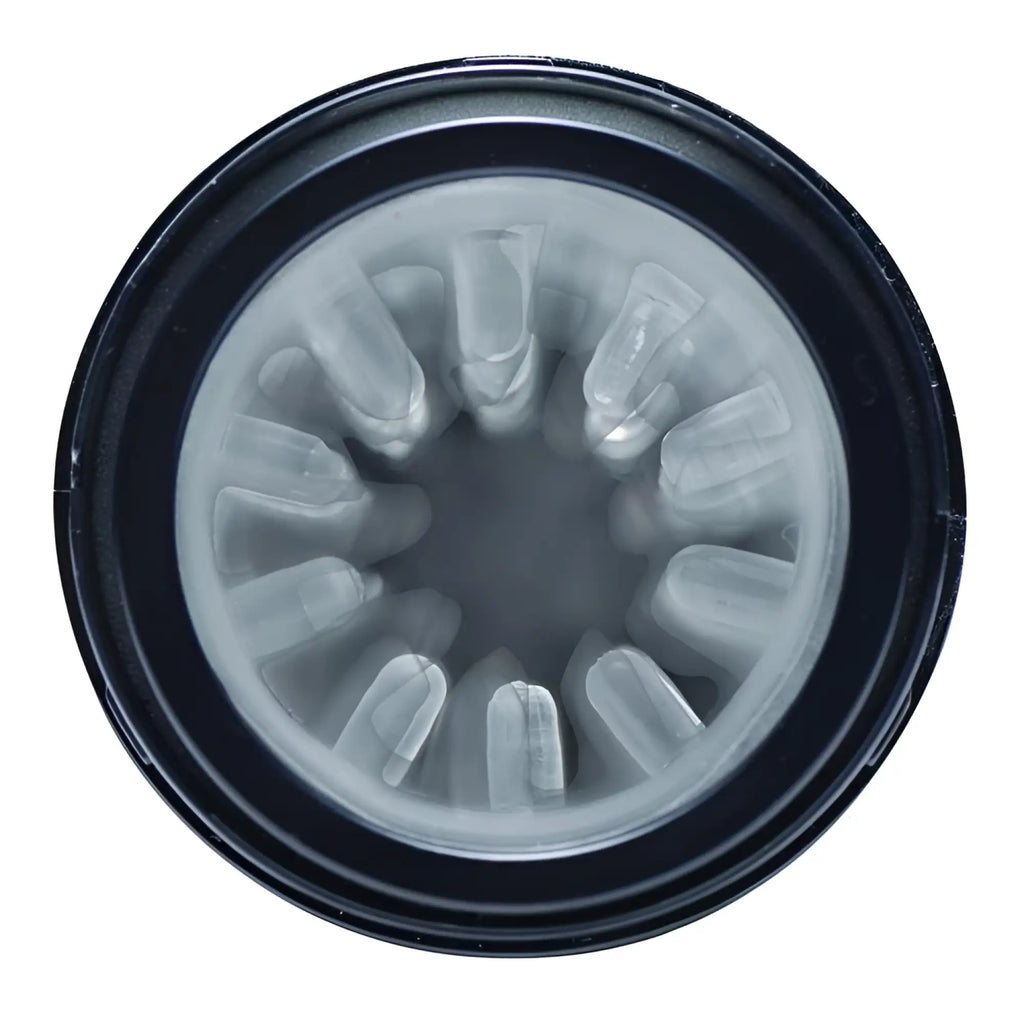 LoveBotz Beat It 8X masturbator featuring a circular black frame and a soft, translucent grey textured silicone interior.