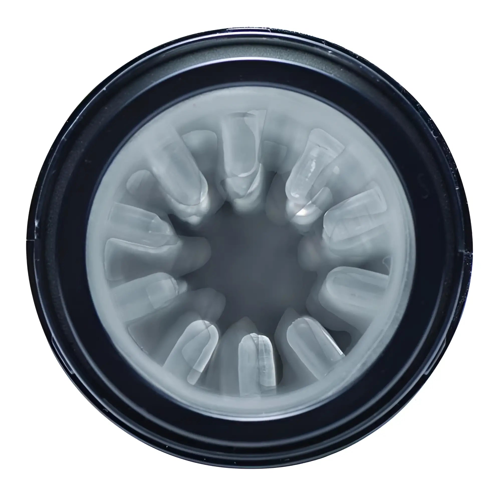 LoveBotz Beat It 8X masturbator featuring a circular black frame and a soft, translucent grey textured silicone interior.