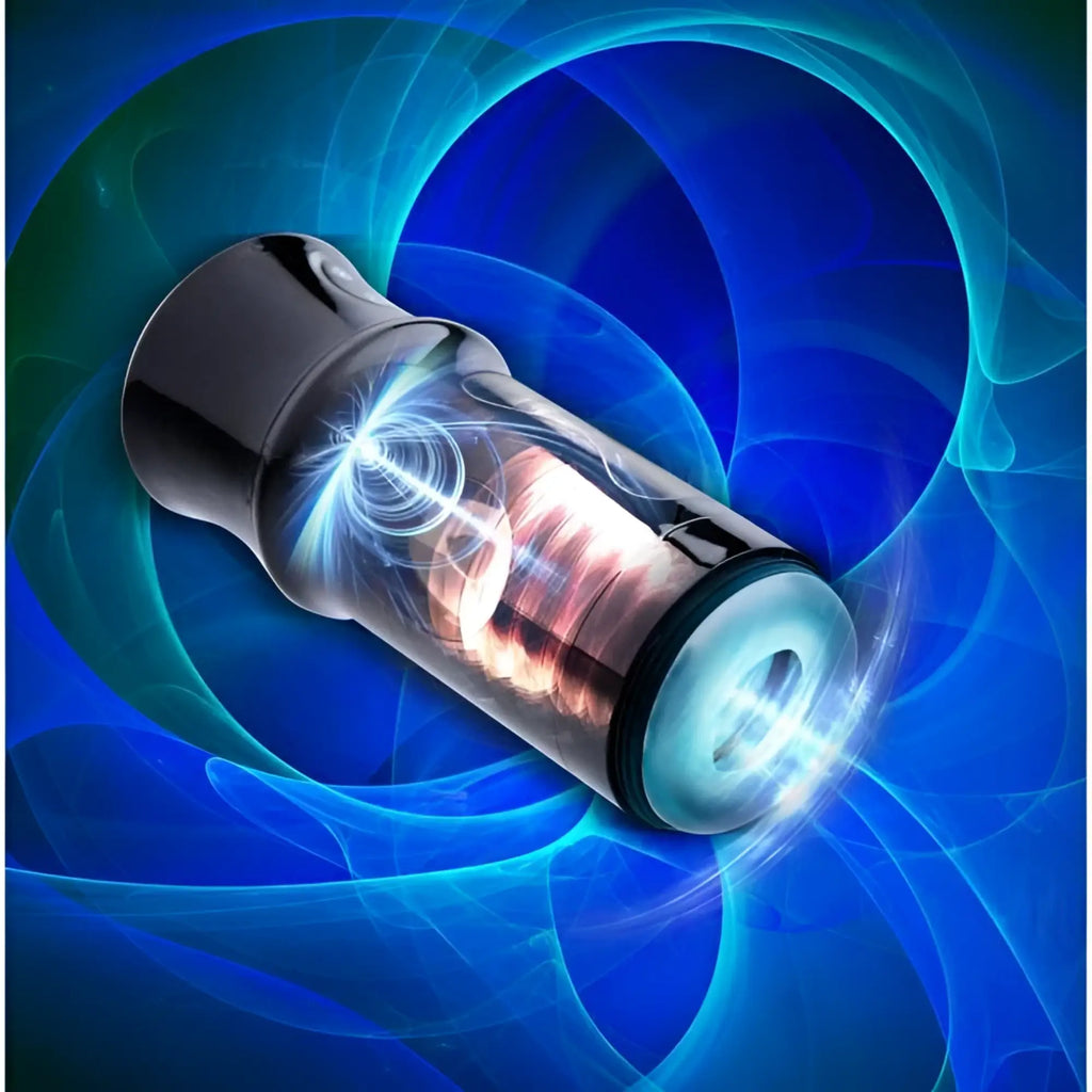 LoveBotz Beat It 8X masturbator in a sleek black, transparent design against a glowing blue abstract background.