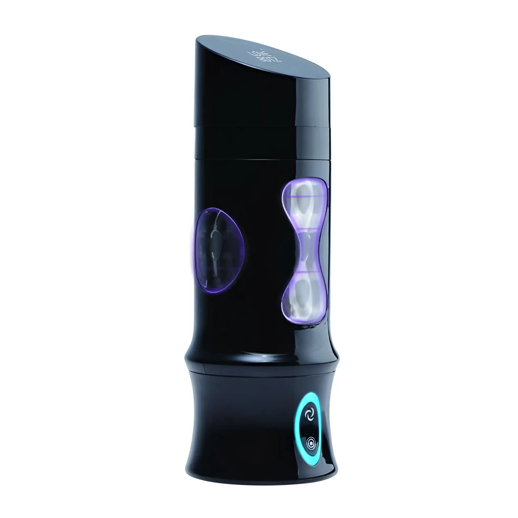 LoveBotz Beat It 8X masturbator: a sleek black cylindrical device with purple accents and a glowing blue power button.
