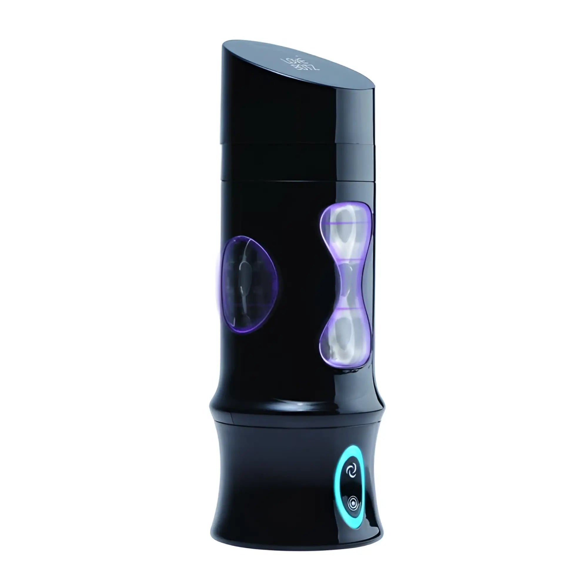 LoveBotz Beat It 8X masturbator: a sleek black cylindrical device with purple accents and a glowing blue power button.
