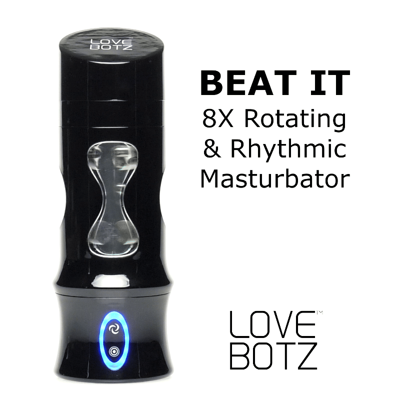 LoveBotz Beat It: A sleek, black, cylindrical, modern masturbator with a clear center window and a glowing blue button.