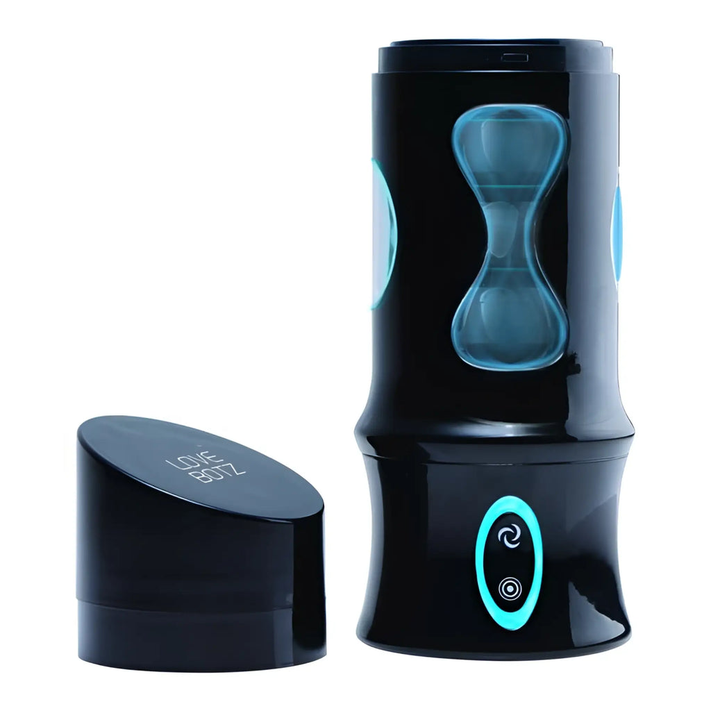 LoveBotz Beat It 8X black masturbator with blue accents, hour-glass windows, and glowing button control panel.