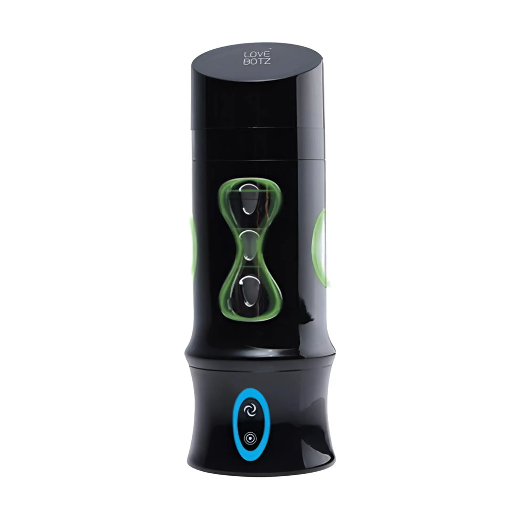 LoveBotz Beat It 8X black masturbator with green accent cutouts and a blue backlit power button.