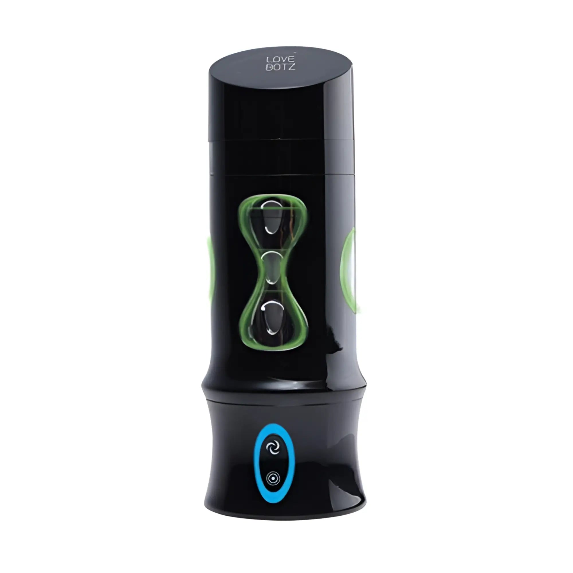 LoveBotz Beat It 8X black masturbator with green accent cutouts and a blue backlit power button.