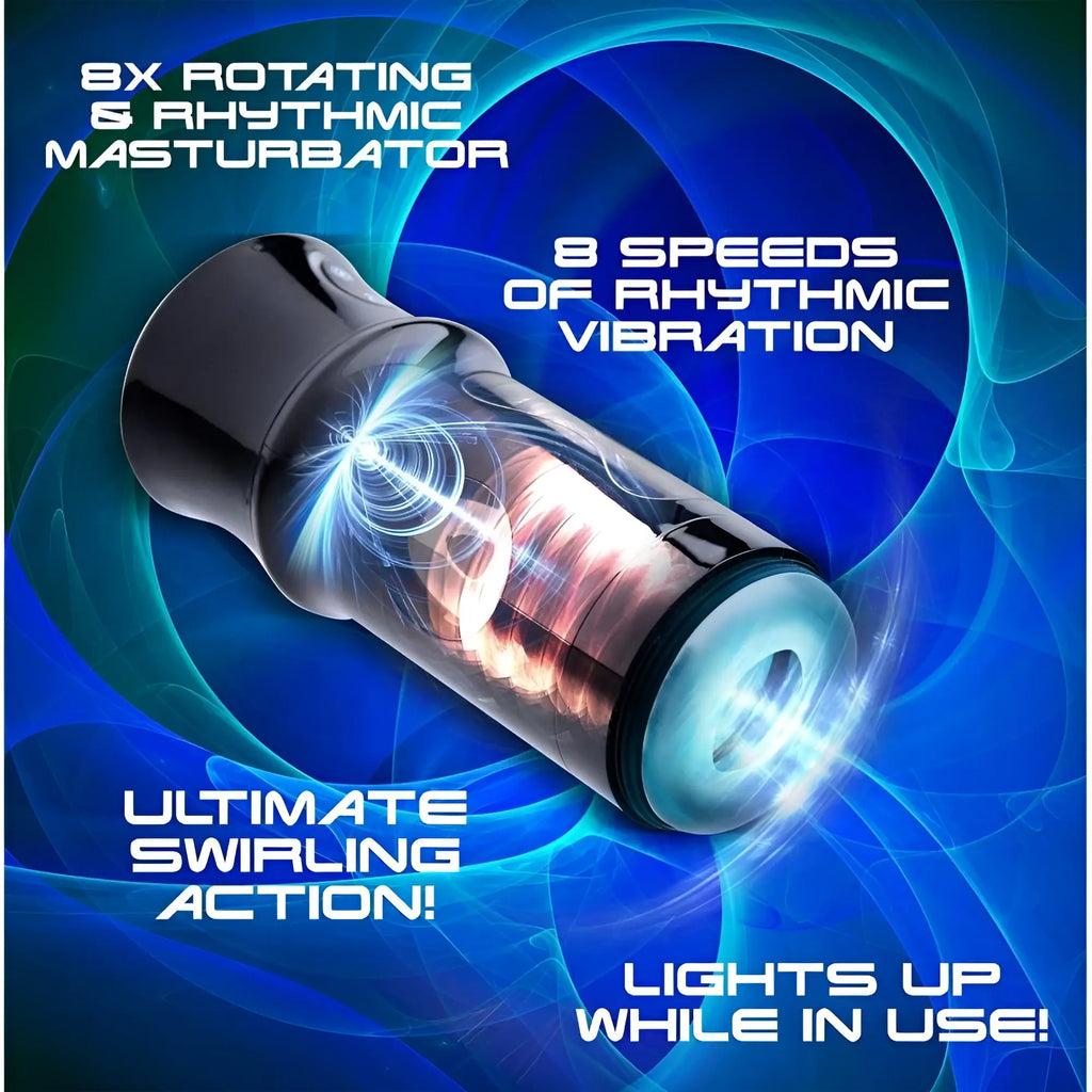 LoveBotz Beat It masturbator: a sleek, black, cylindrical device featuring rhythmic internal rotation and glowing lights.