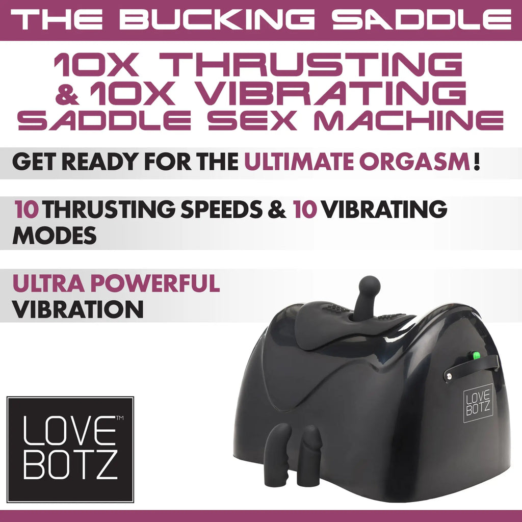 LoveBotz The Bucking Saddle: A black, ergonomic sex machine featuring a seat attachment and multiple built-in probes.