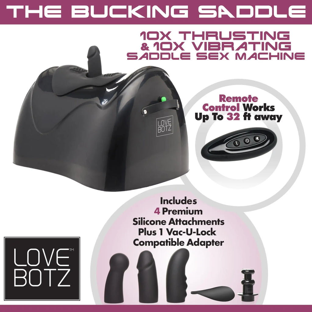 LoveBotz Bucking Saddle sex machine in black with thrusting/vibrating features, remote control, and 4 attachments.
