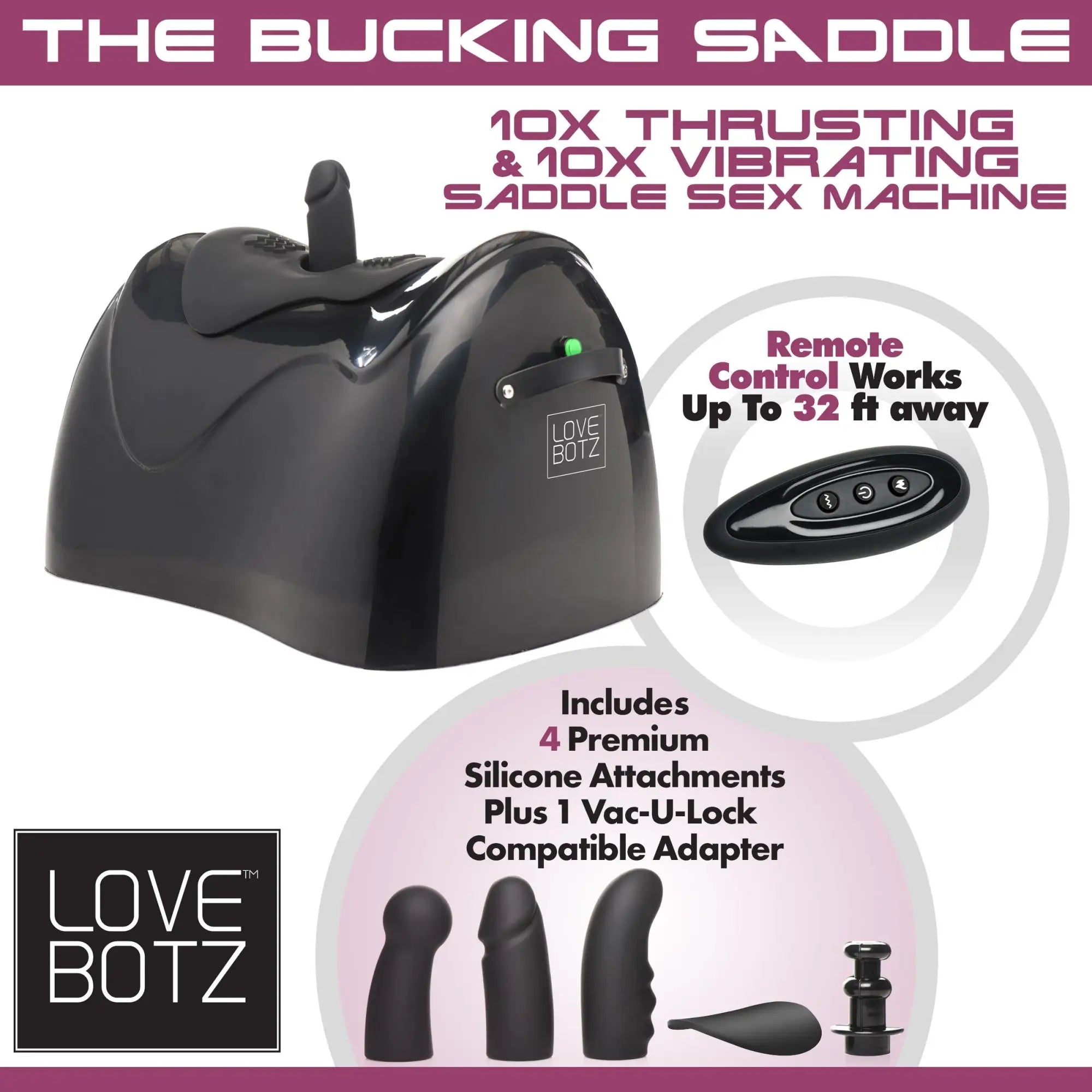 LoveBotz Bucking Saddle sex machine in black with thrusting/vibrating features, remote control, and 4 attachments.