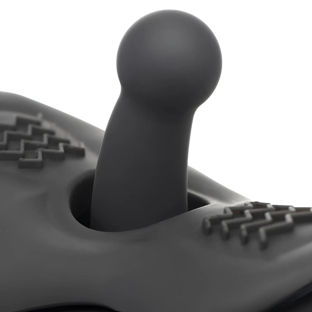 LoveBotz The Bucking Saddle: A matte black, ergonomic saddle base featuring a prominent, upright phallic attachment.