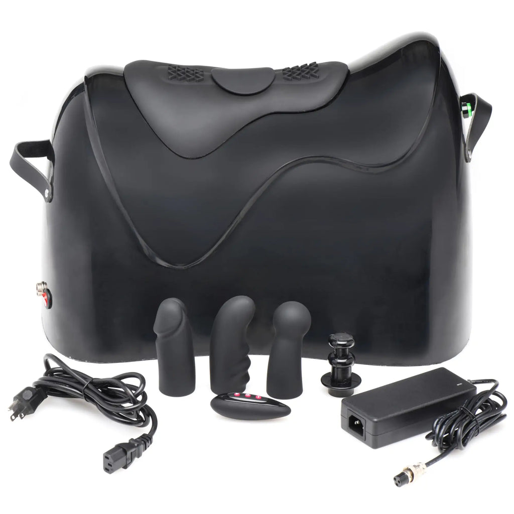 LoveBotz The Bucking Saddle: A black, ergonomic sex machine with power cables, remote, and three interchangeable attachments.
