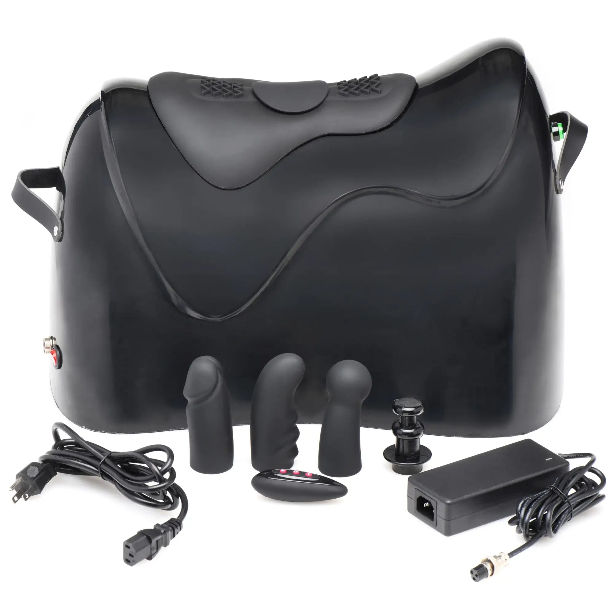 LoveBotz The Bucking Saddle: A black, ergonomic sex machine with power cables, remote, and three interchangeable attachments.