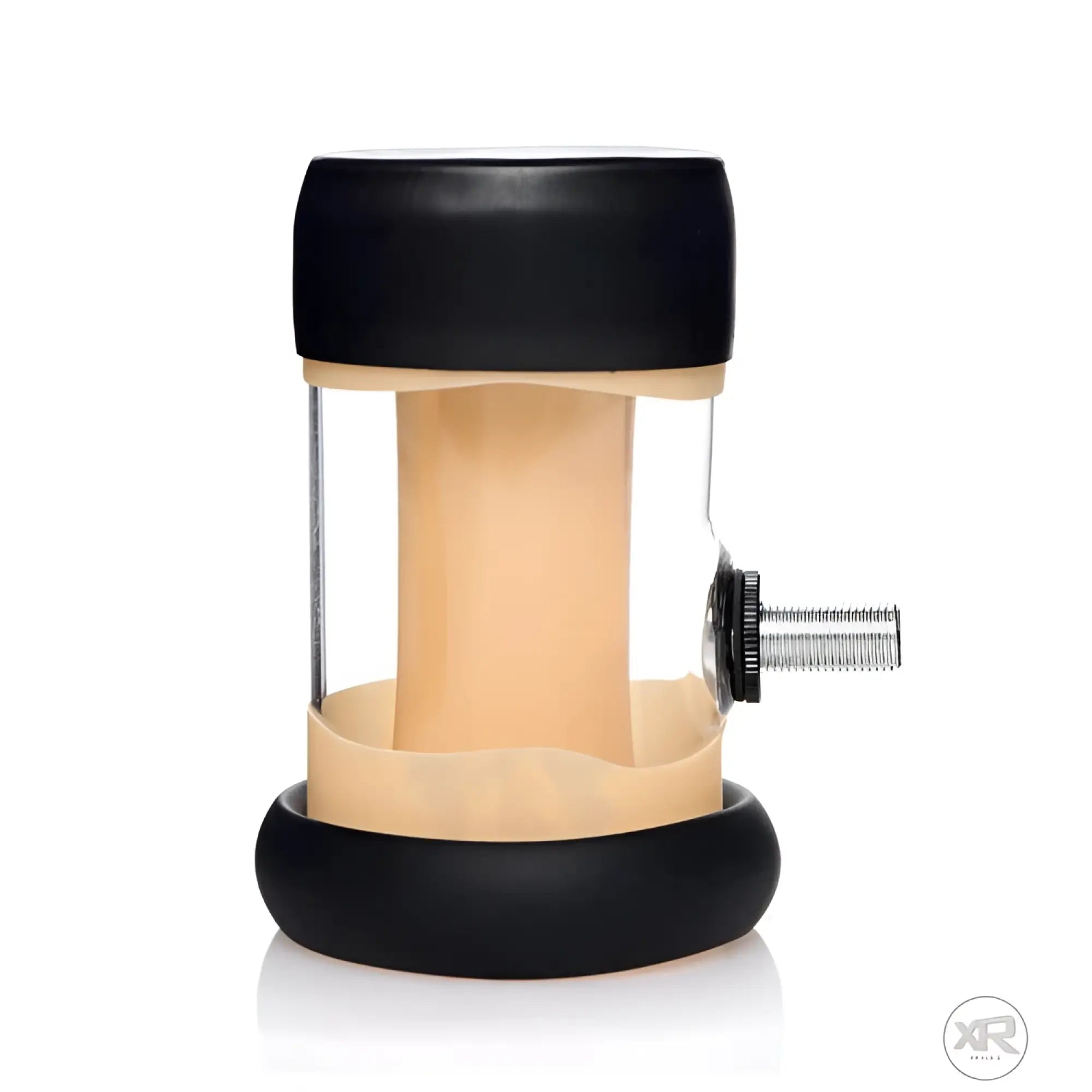 LoveBotz Cylinder accessory with black caps, clear walls, and a beige internal sleeve, featuring a side bolt attachment.
