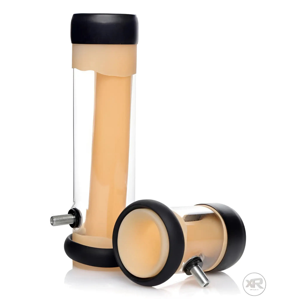 LoveBotz Cylinder for Milker machine: clear tube, tan silicone liner, black end caps, and a silver threaded side valve.