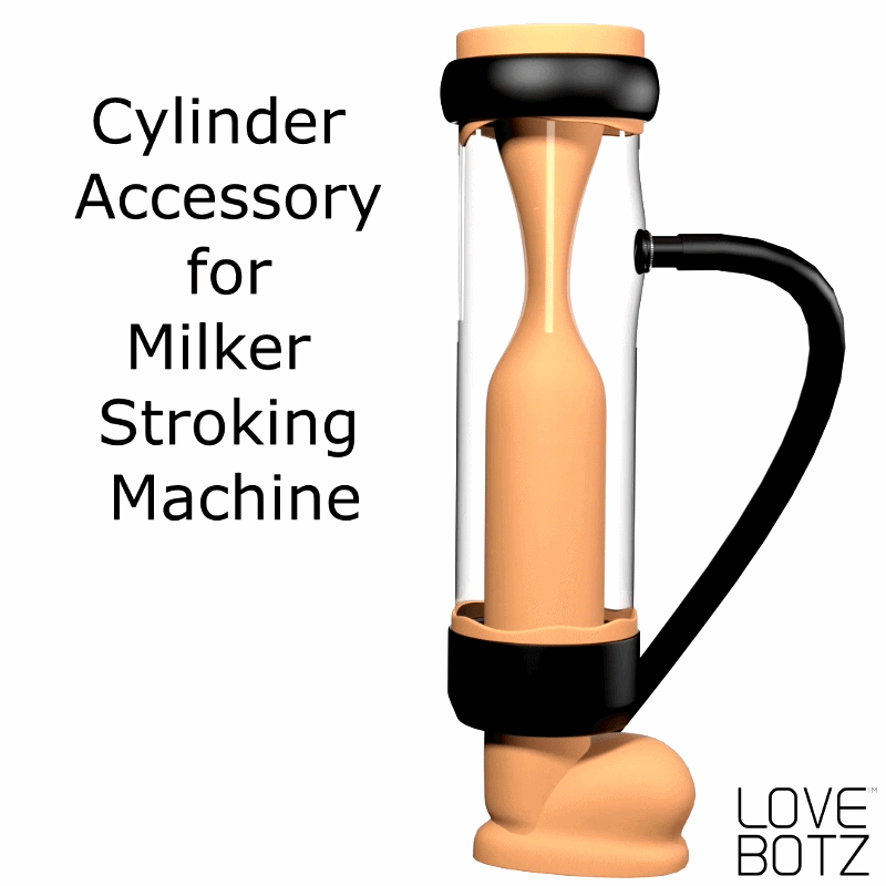 LoveBotz clear cylinder accessory for milker stroking machine with beige silicone sleeve and black attachment hose.
