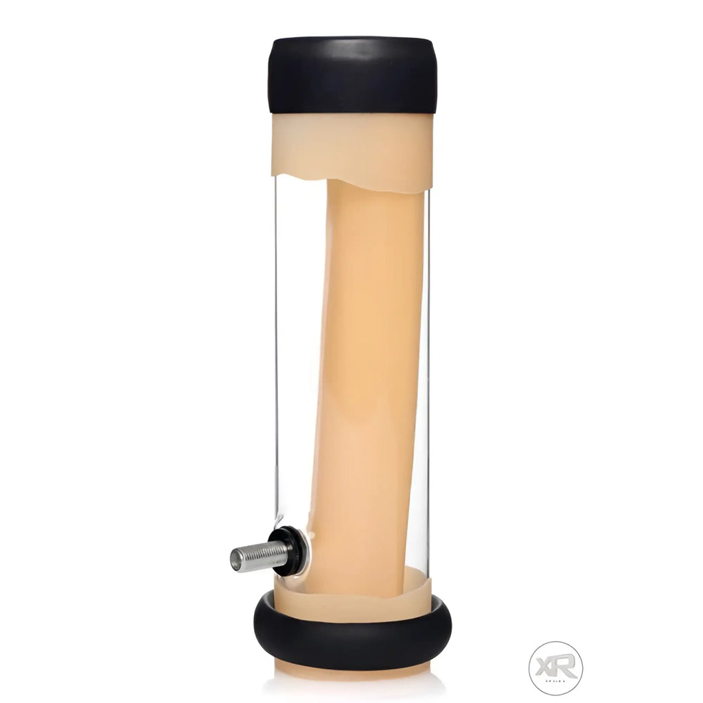 LoveBotz clear cylinder accessory for milker stroking machine with beige sleeve and black caps on a white background.