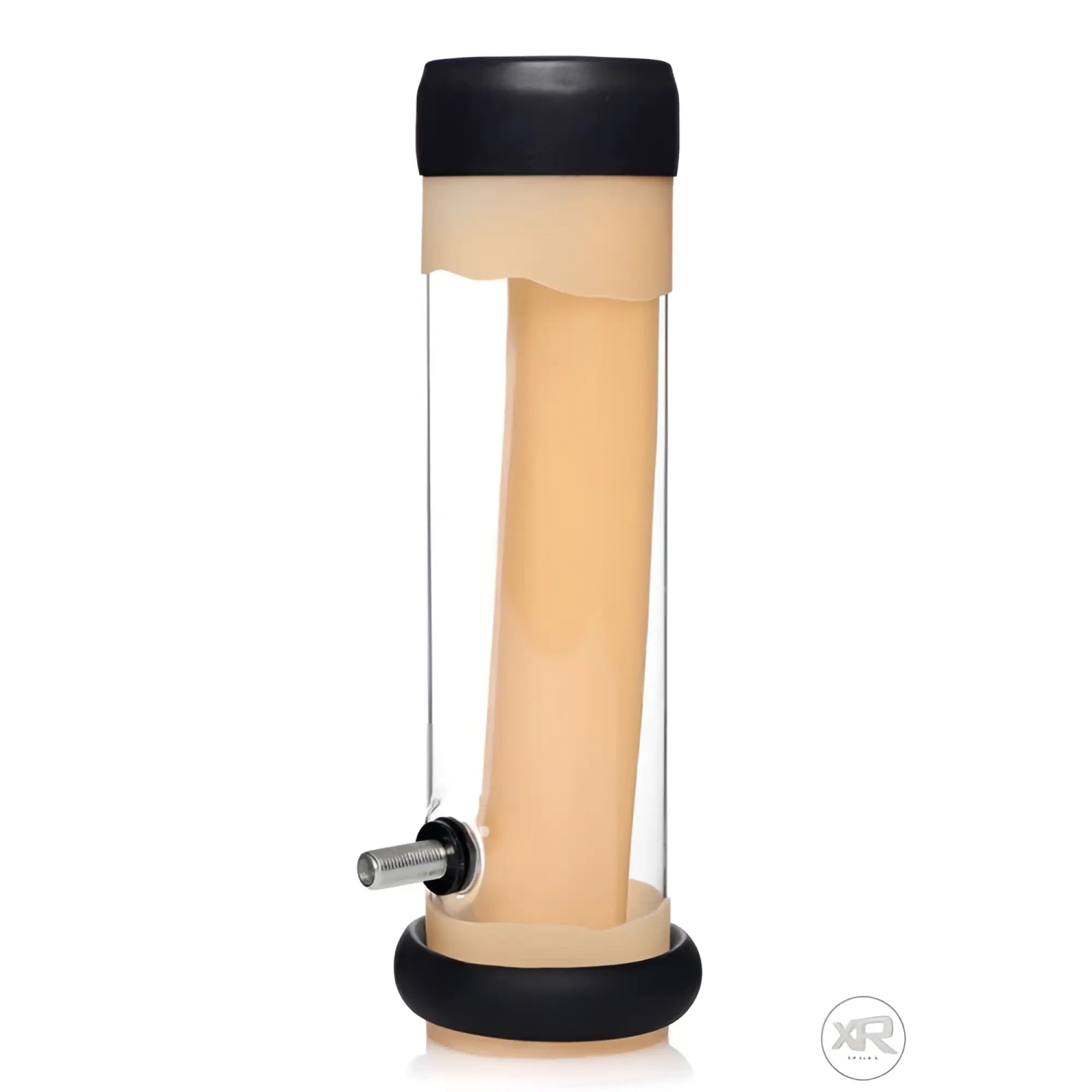 LoveBotz clear cylinder accessory for milker stroking machine with beige sleeve and black caps on a white background.