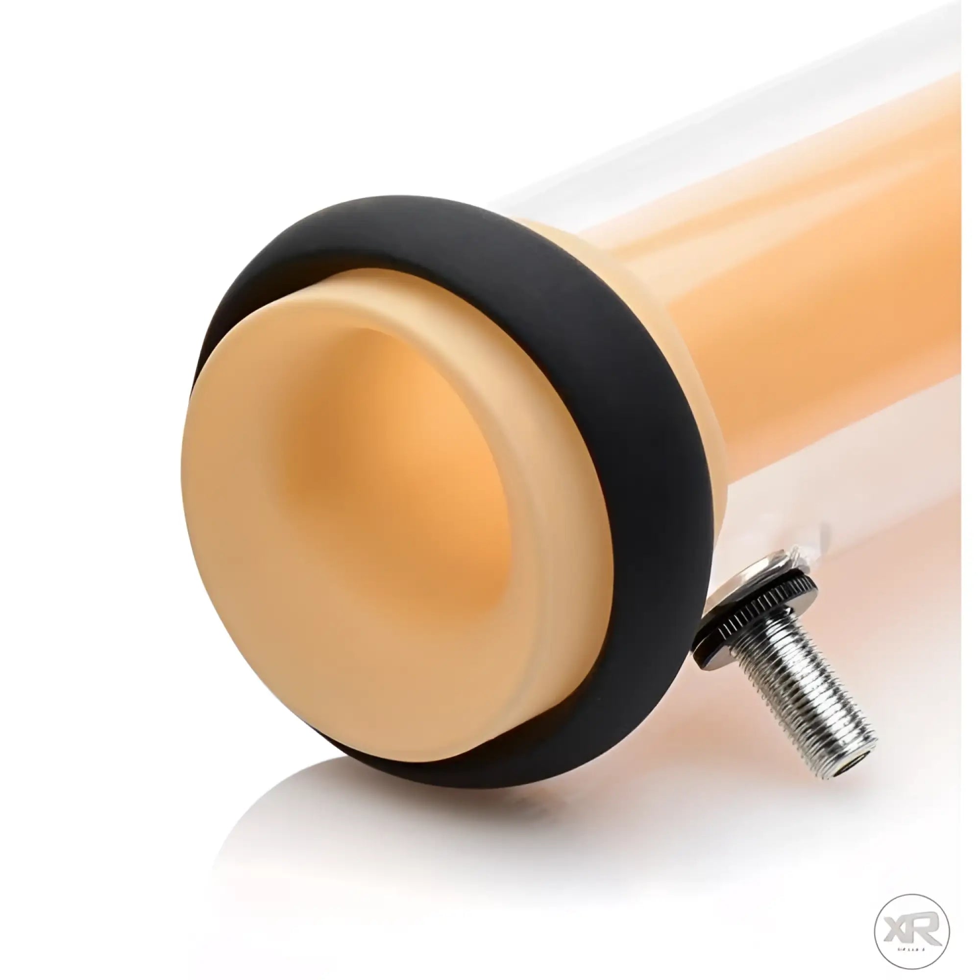 LoveBotz Cylinder for milker stroking machine, featuring a clear tube, tan silicone end, black seal, and metal connector.