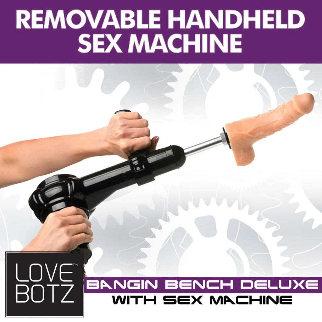 LoveBotz Deluxe Bangin Bench: A black handheld power device with a beige phallic attachment held by human hands.