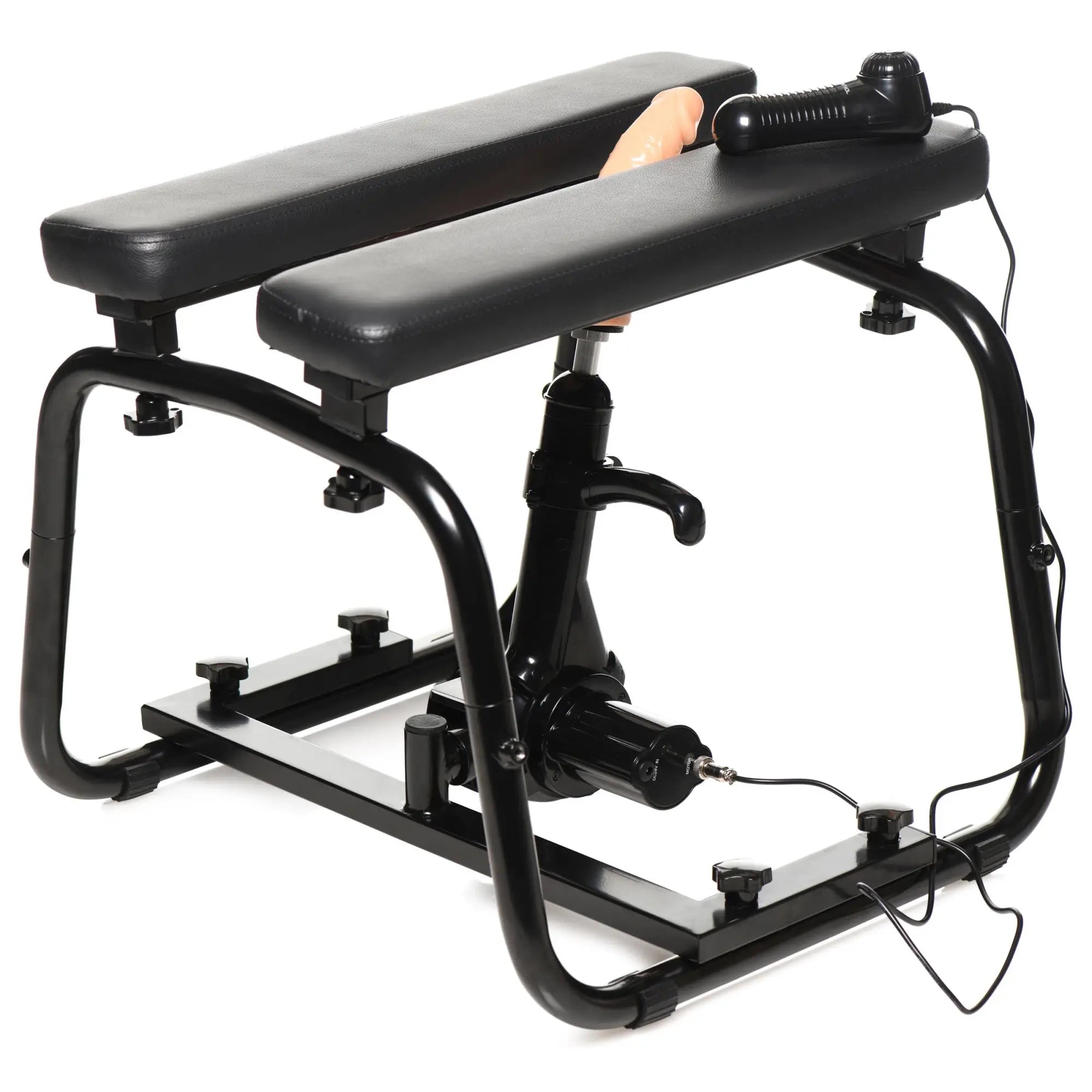 LoveBotz Deluxe Bangin Bench: black metal frame with dual padded seats, central motor, and flesh-toned attachment.