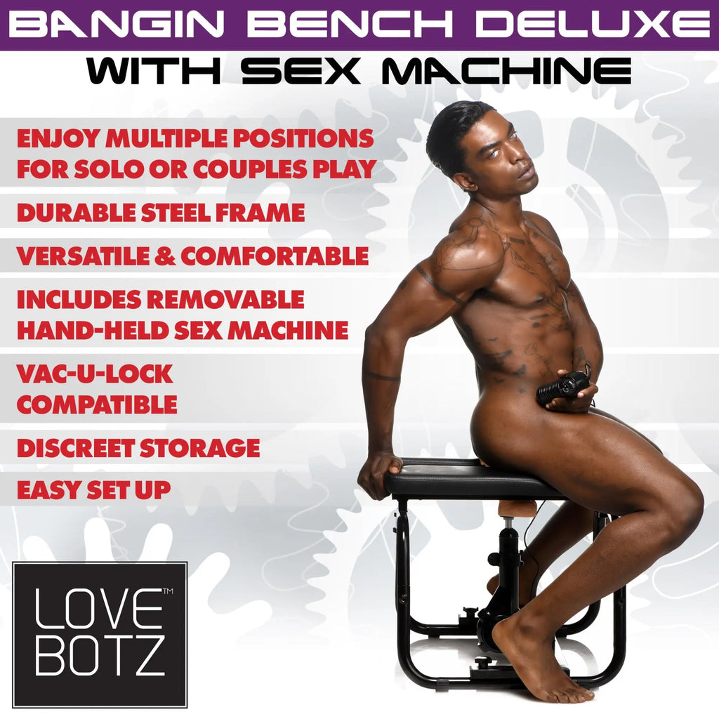 LoveBotz Deluxe Bangin Bench with a black steel frame and a man posing on the seat holding a handheld device.
