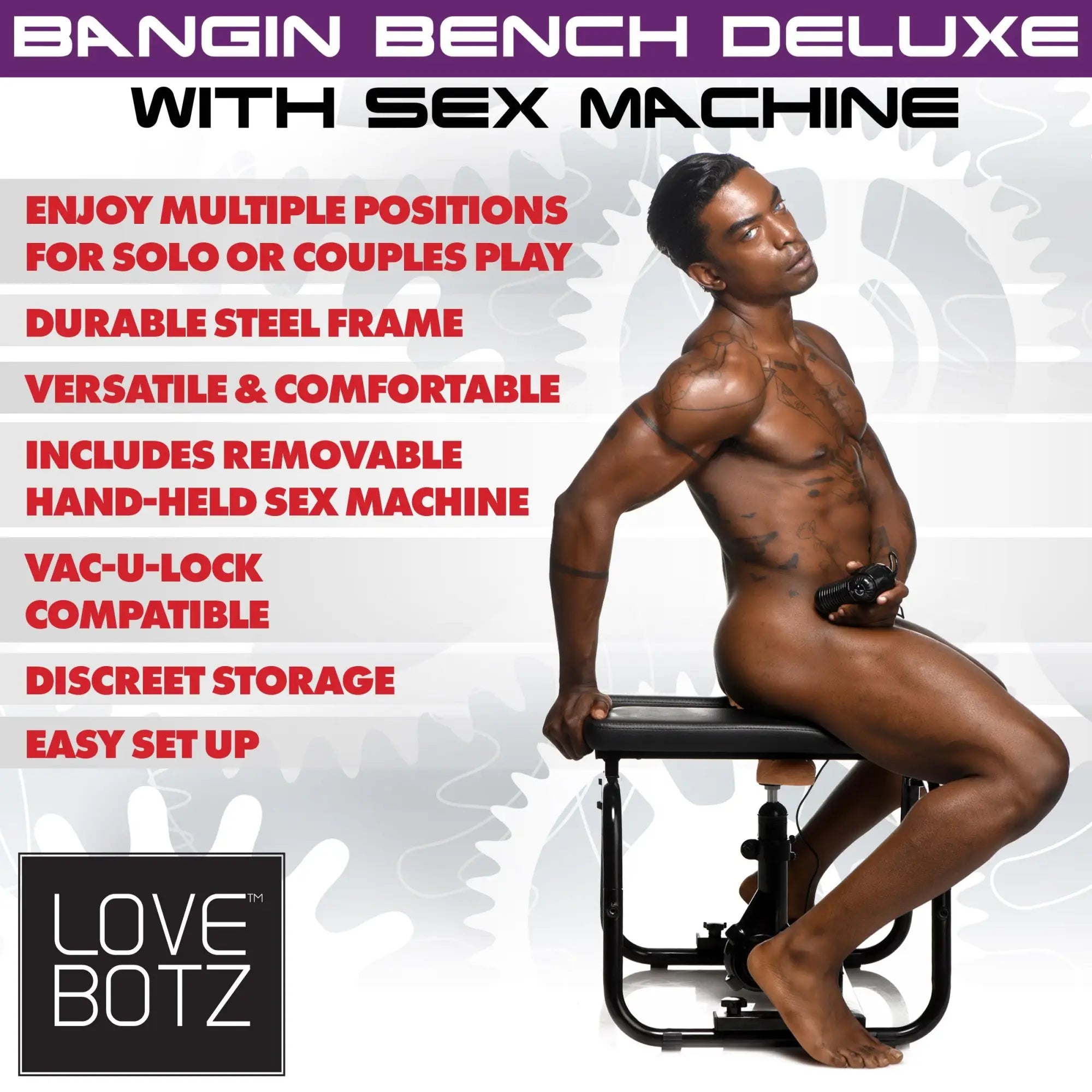 LoveBotz Deluxe Bangin Bench with a black steel frame and a man posing on the seat holding a handheld device.