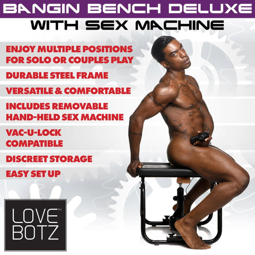 LoveBotz Deluxe Bangin Bench with a black steel frame and a man posing on the seat holding a handheld device.