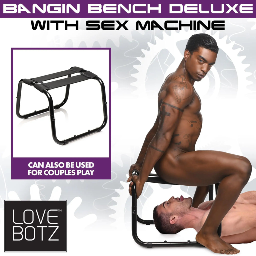 LoveBotz Deluxe Bangin Bench: A black, minimalist metal frame stool shown in isolation and in use by two men.
