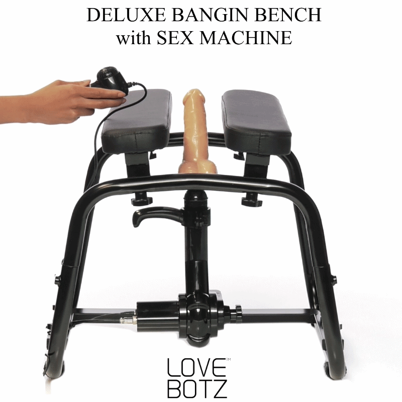 LoveBotz Deluxe Bangin Bench: Black metal frame with two padded seats and a central motorized phallic attachment.