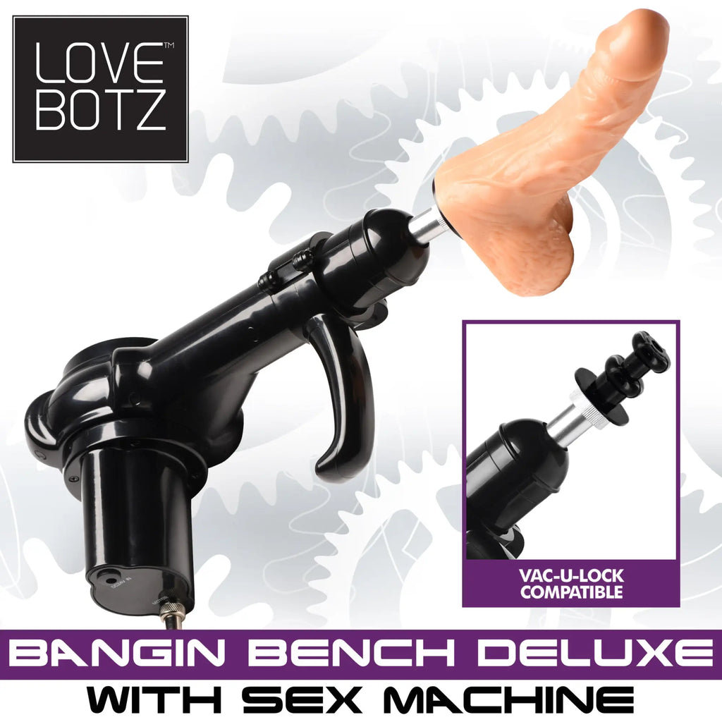 LoveBotz Deluxe Bangin Bench sex machine in black with a realistic flesh-toned attachment and Vac-U-Lock compatibility.