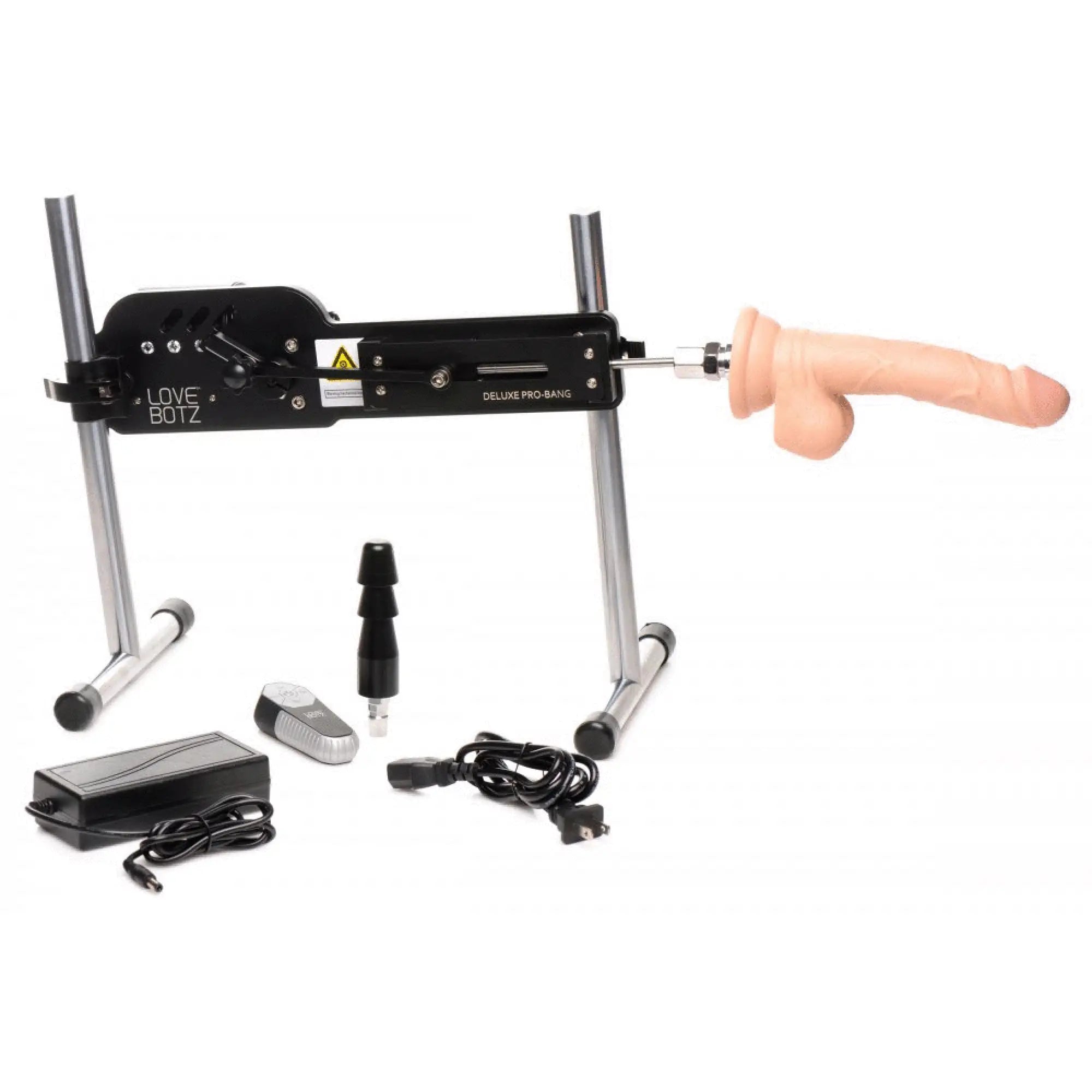 LoveBotz Deluxe Pro-Bang machine: black motor housing with flesh-toned attachment, silver stand, remote, and cables.