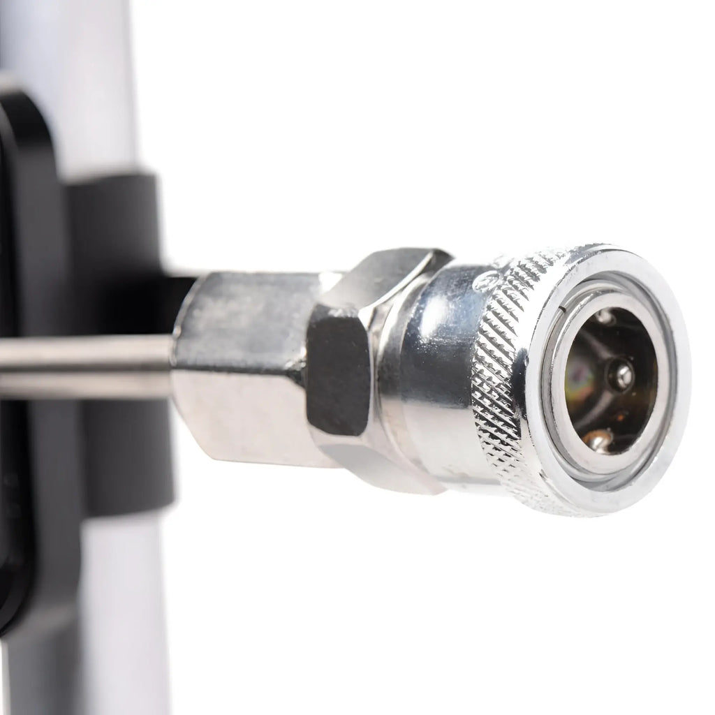Close-up of the LoveBotz Deluxe Pro-Bang machine's silver metal attachment connector on a black and silver frame.