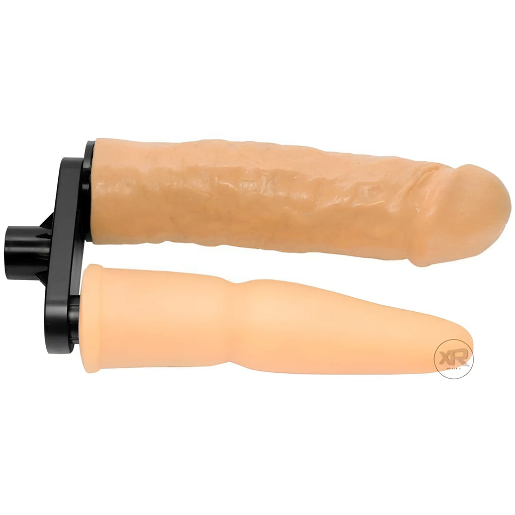 LoveBotz Dual Delight Penetration Adapter featuring two realistic tan silicone shafts attached to a black plastic mount.