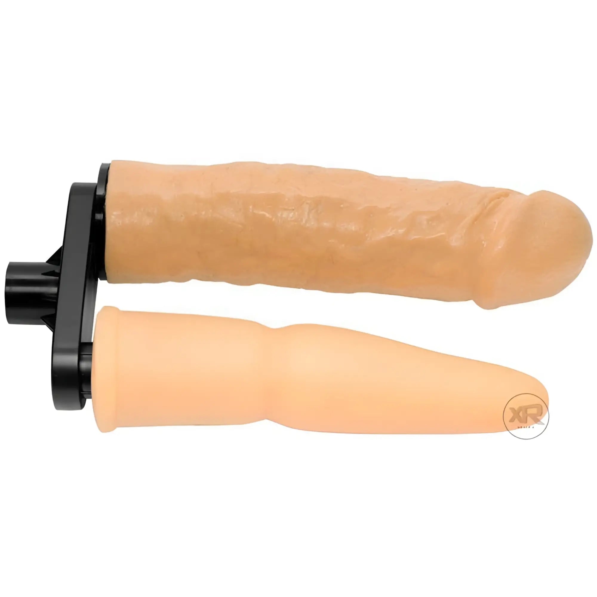 LoveBotz Dual Delight Penetration Adapter featuring two realistic tan silicone shafts attached to a black plastic mount.