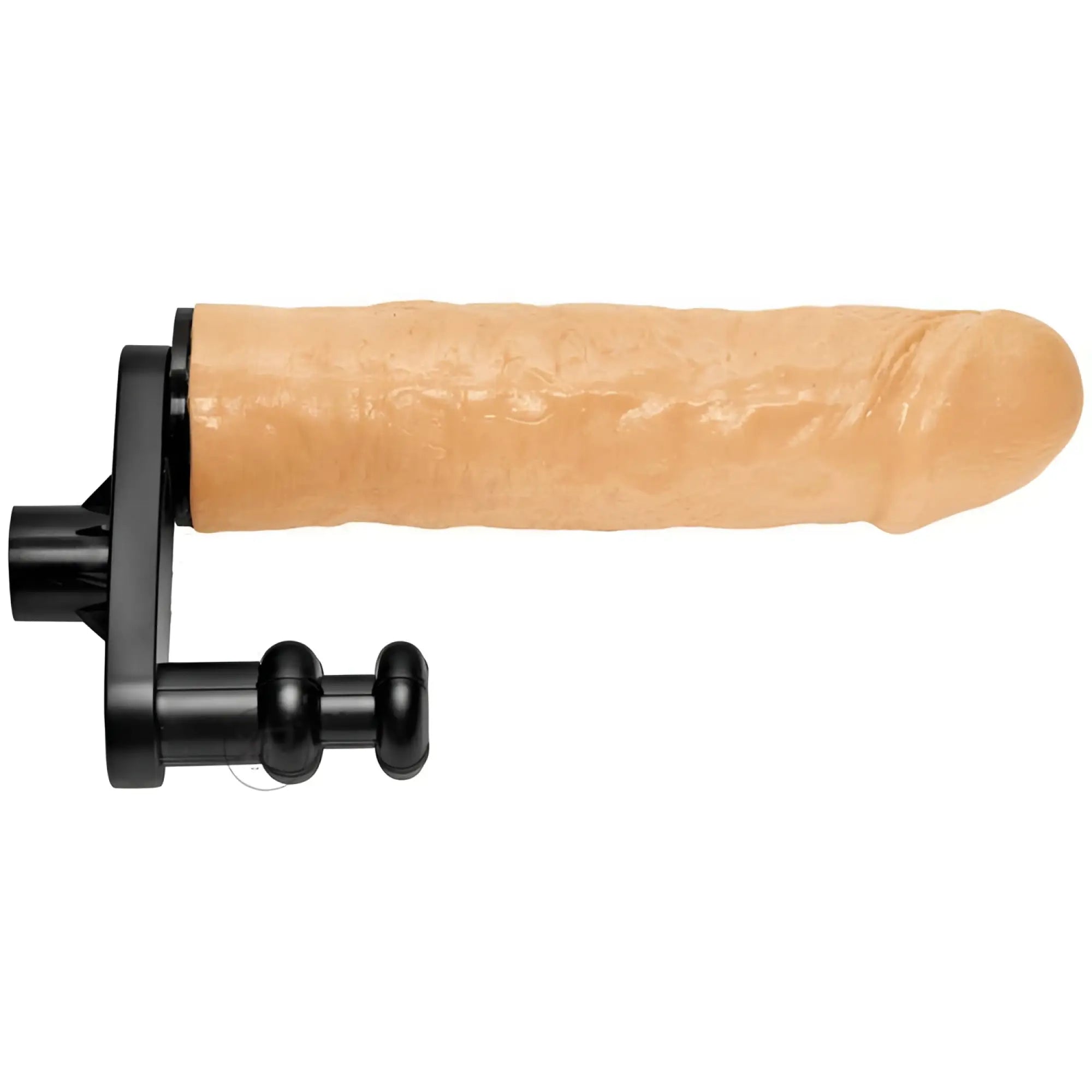 LoveBotz Dual Delight adapter: a tan, realistic textured dildo attached to a black L-shaped mounting bracket.