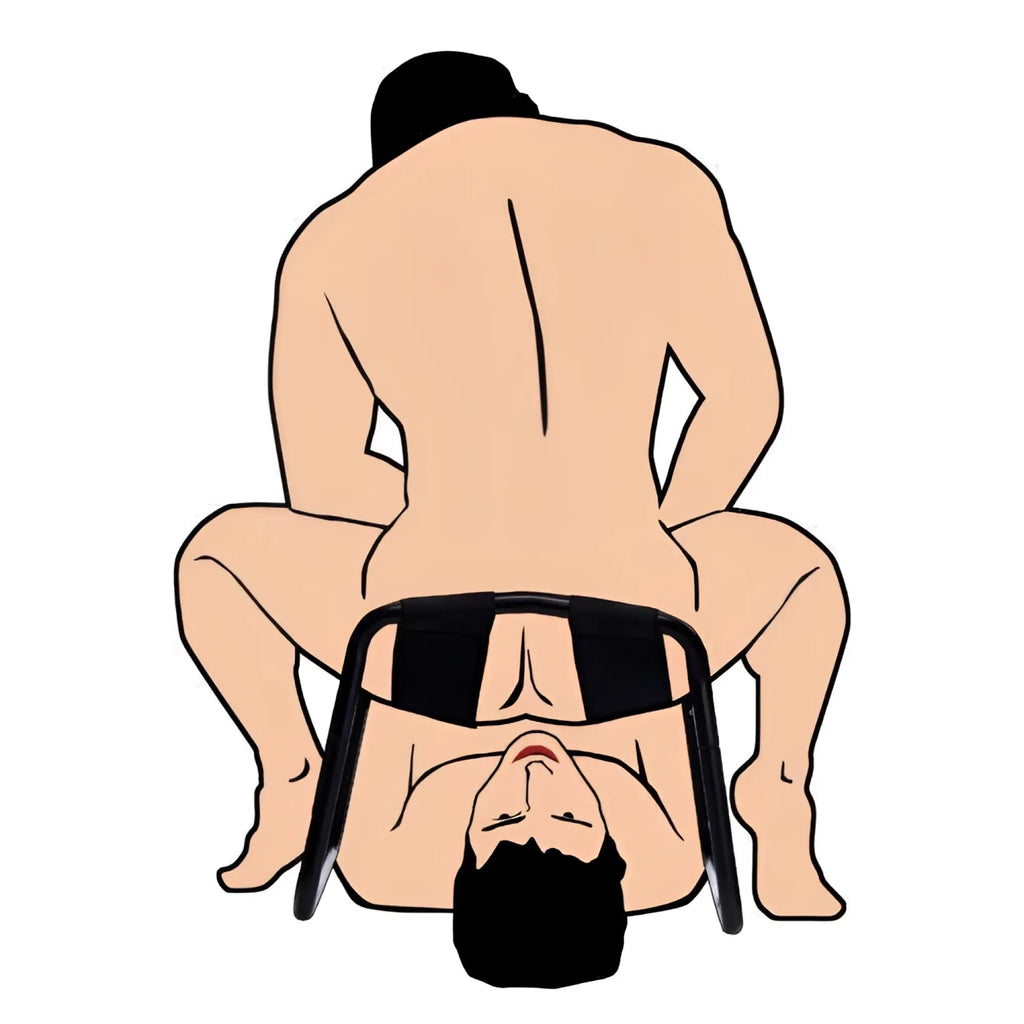LoveBotz Extreme Sex Stool: A minimalist line drawing showing two figures using the black-framed stool for intimacy.